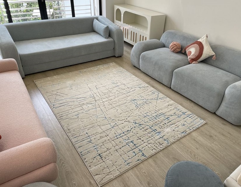 Thảm trang trí phòng khách kết hợp sofa hiện đại, mang lại không gian tiếp khách sang trọng và ấm cúng.