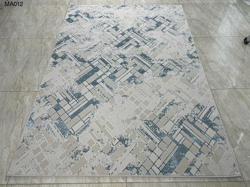 Thảm trải sàn phòng khách họa tiết hiện đại, phối màu be xám xanh trang trí không gian sang trọng