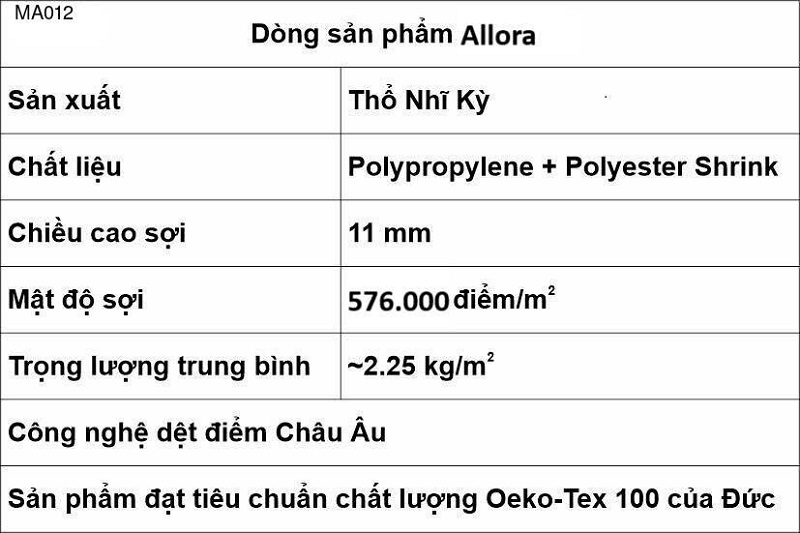 Bảng thông số kỹ thuật thảm trải sàn cao cấp