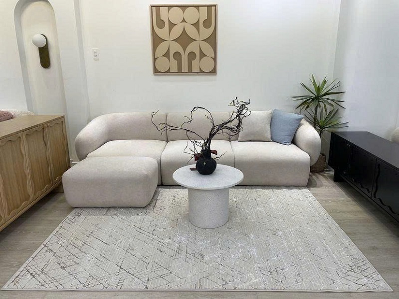 Thảm Trang Trí Phòng Khách MA009 kết hợp nội thất hiện đại, tạo không gian sang trọng