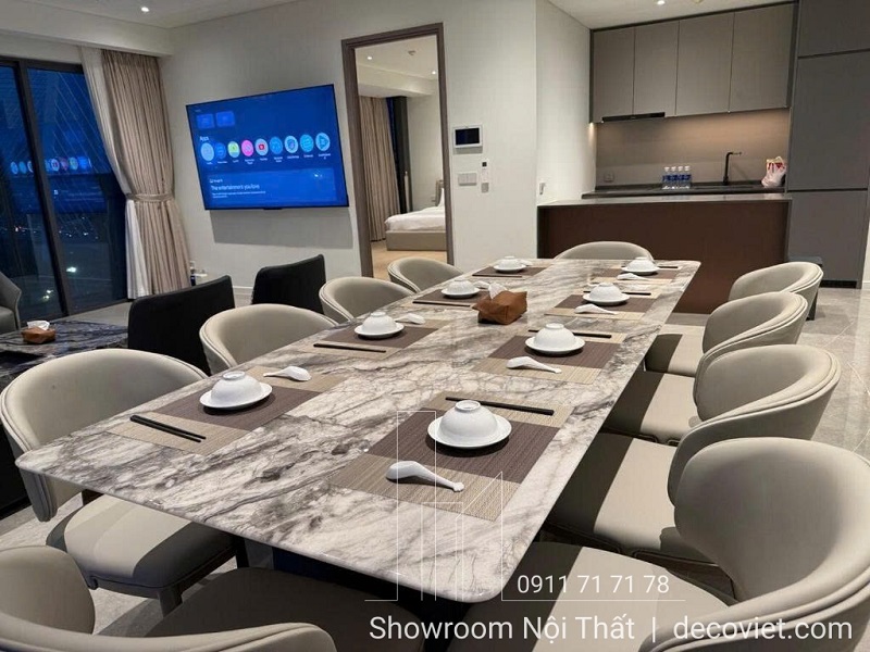 Thi công nội thất phòng khách và bếp liên thông căn hộ chung cư