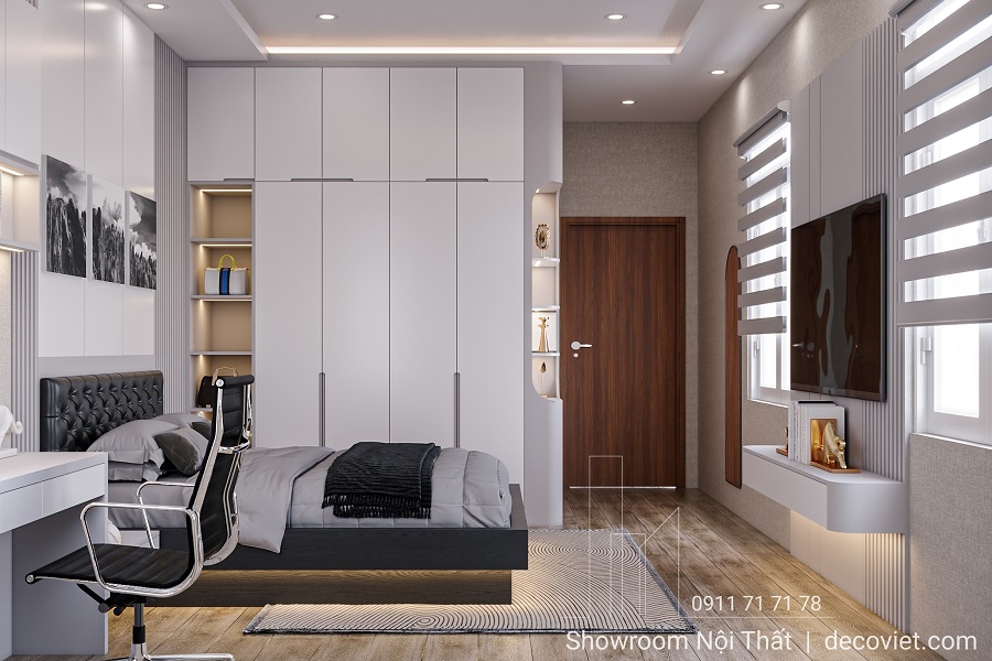 thiết kế phòng ngủ nhà phố 4 phòng ngủ hiện đại tại Nhà Bè với tủ quần áo âm tường
