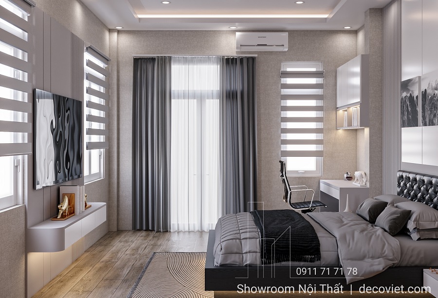 nội thất phòng ngủ nhà phố hiện đại có kệ tivi và cửa sổ thoáng sáng