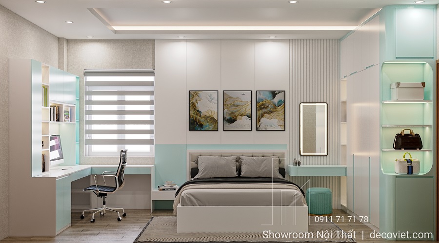 thiết kế phòng ngủ nhà phố 4 phòng ngủ với giường bọc nệm và tủ quần áo lớn