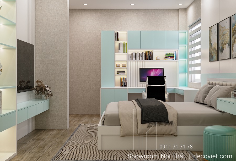 không gian phòng ngủ master nhà phố hiện đại tại Nhà Bè với cửa kính lớn