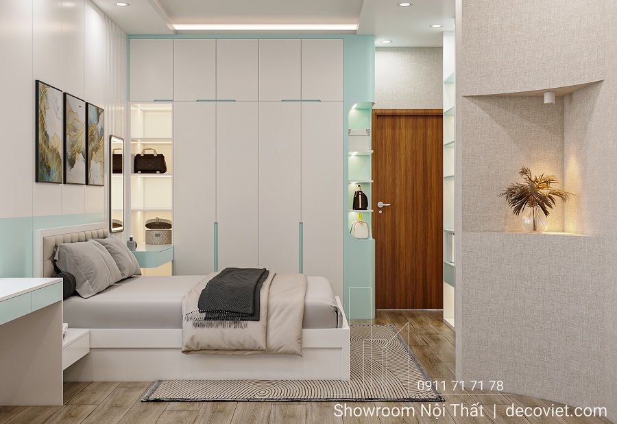 mẫu phòng ngủ nhà phố 4 phòng ngủ hiện đại tone trắng xanh tinh tế