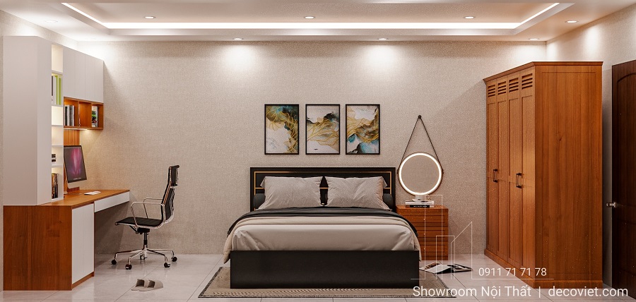 nội thất phòng ngủ nhà phố hiện đại với giường gỗ công nghiệp cao cấp
