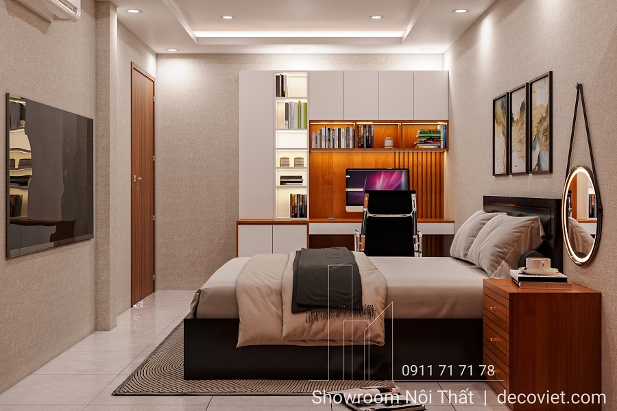 thiết kế phòng ngủ nhà phố hiện đại có bàn làm việc tiện nghi