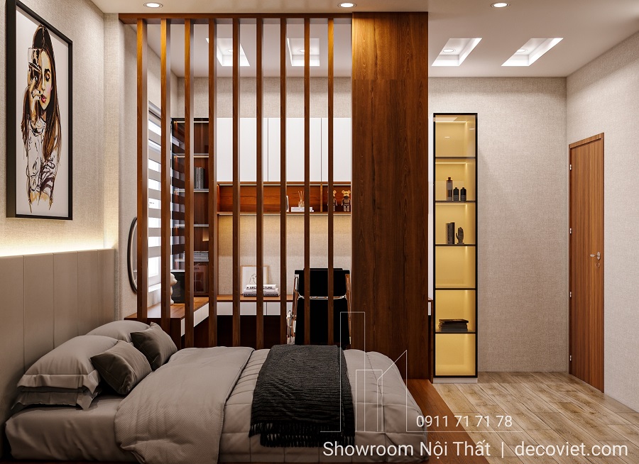 thiết kế phòng ngủ nhà phố hiện đại có vách gỗ ngăn không gian tinh tế