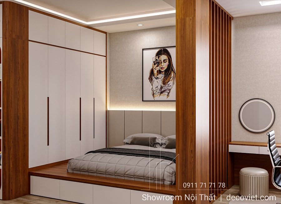 nội thất phòng ngủ nhà phố hiện đại với tủ quần áo gỗ và giường thông minh