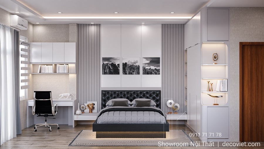 thiết kế phòng ngủ nhà phố hiện đại với nội thất gỗ sang trọng tại Nhà Bè