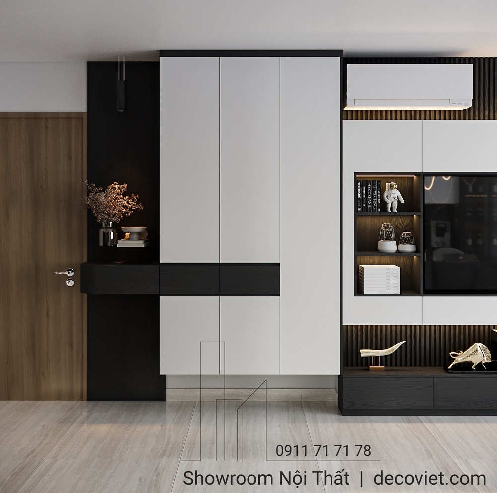 thiết kế nội thất phòng khách tone màu đen trắng