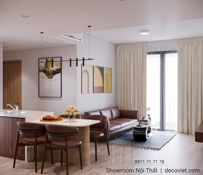 Bàn ăn liền phòng khách, phối màu gỗ – da hài hòa