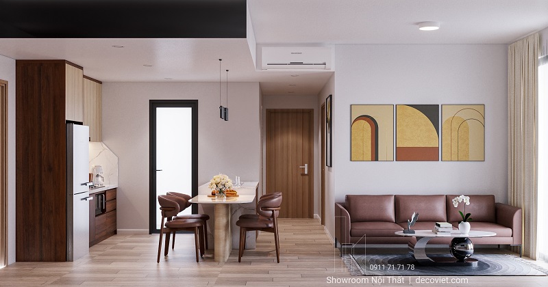 Không gian bếp – bàn ăn – phòng khách liền mạch, thiết kế hiện đại