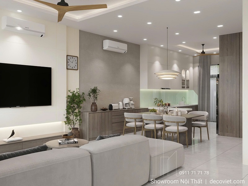 không gian phòng khách mở liền bếp nhà phố