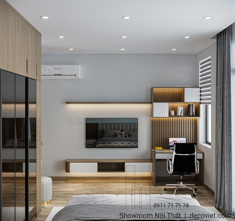 hiết kế phòng ngủ ấm cúng với giường bọc nệm, tủ quần áo âm tường và kệ trang trí.