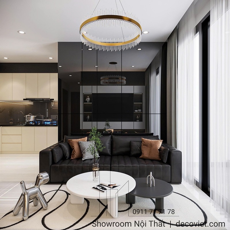 Thiết kế phòng khách căn hộ 2PN hiện đại với tông trắng – đen tinh tế