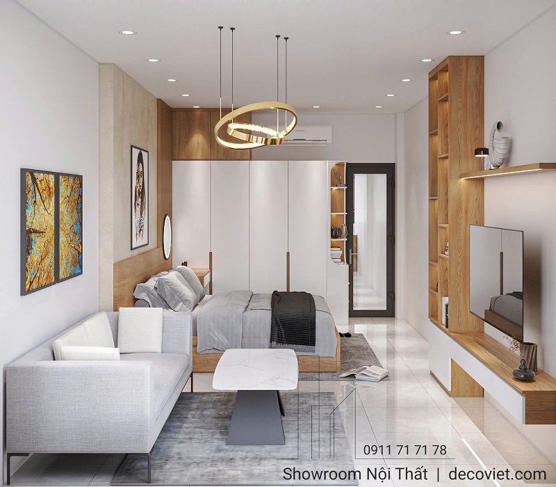 Tủ quần áo gỗ kịch trần cho căn hộ cho thuê hiện đại, tối ưu công năng