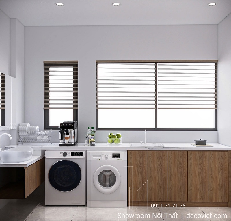 Không gian bếp căn hộ dịch vụ cho thuê với tủ gỗ công nghiệp An Cường