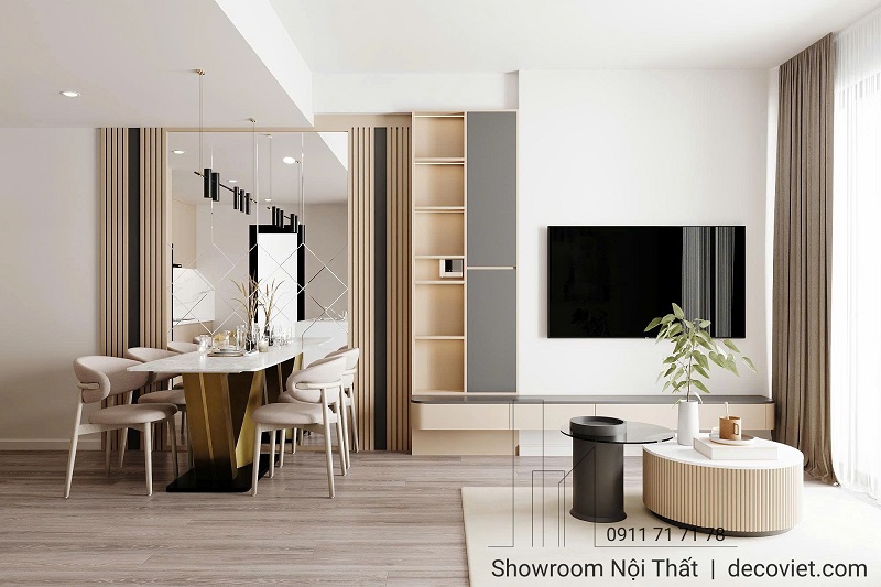 Không gian phòng khách được Nhà Decor thiết kế theo phong cách tối giản nhưng vẫn ấm cúng