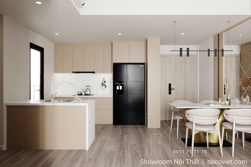 bếp chữ I hiện đại sử dụng tủ bếp phẳng, tay nắm âm sang trọng, tích hợp máy hút mùi, đảo bếp kết hợp bồn rửa tiện dụng