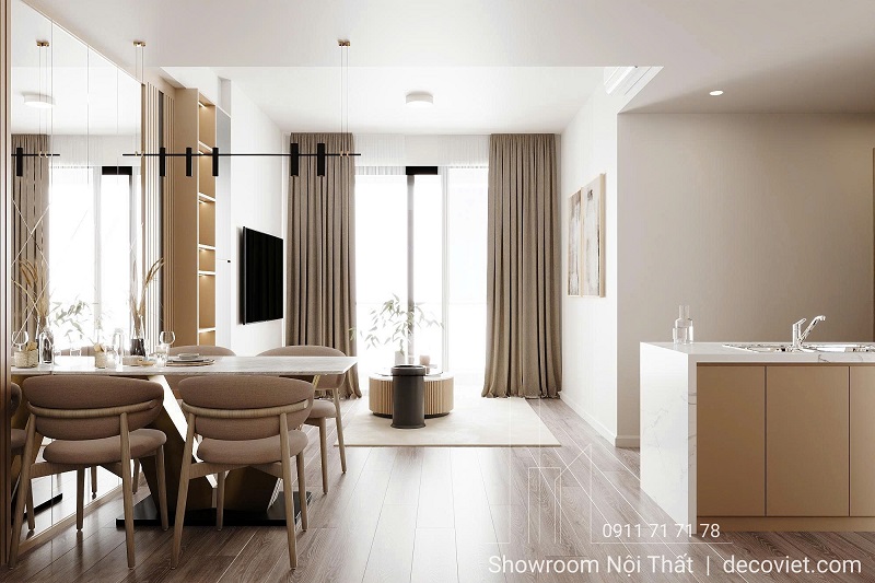 Bộ bàn ăn 4 ghế bọc vải mềm mại được đặt cạnh gương lớn ốp vách