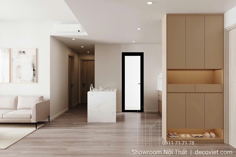 hệ tủ giày được thiết kế thông minh, tích hợp thêm tủ lưu trữ cao sát trần, giúp tận dụng tối đa diện tích theo chiều dọc