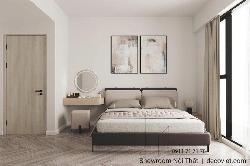 Phòng ngủ master của căn hộ Lumiere Boulevard được thiết kế theo phong cách tối giản hiện đại