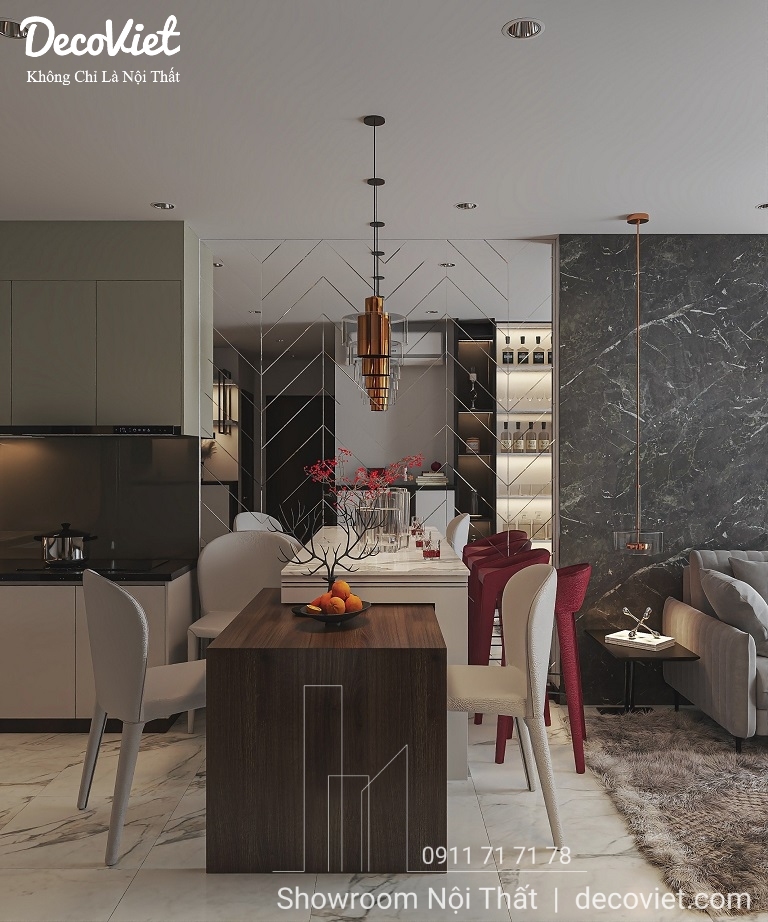 Thiết kế nội thất phòng khách bếp căn hộ SKY VIEW Bình Dương