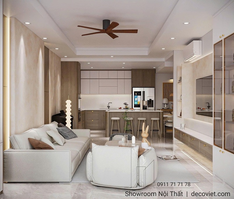 Nội thất phòng khách căn hộ 2 phòng ngủ tối giản, ấm áp