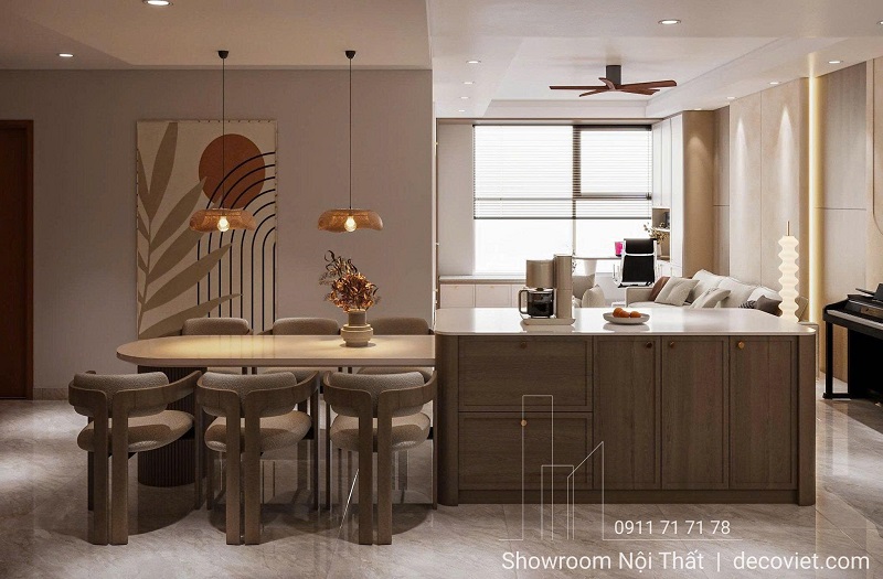 Thi công nội thất bếp và bàn đảo bếp bo cong an toàn, thẩm mỹ