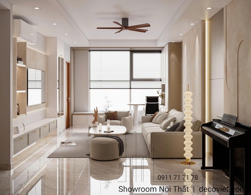 Thiết kế phòng khách chung cư 2PN thoáng sáng với cửa kính lớn