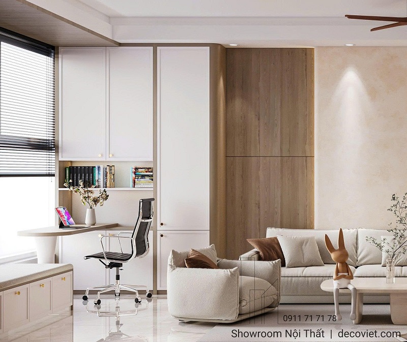 Thi công phòng khách chung cư 2PN với sofa cao cấp và bàn trà đẹp