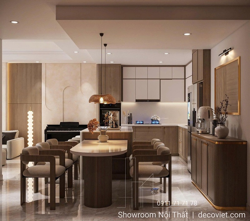 Thiết kế nội thất bếp chung cư 2PN với bàn đảo tiện nghi