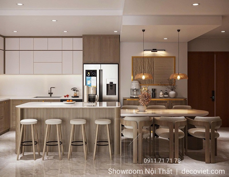 Thiết kế thi công tủ bếp chữ L gỗ công nghiệp cho căn hộ 2 phòng ngủ