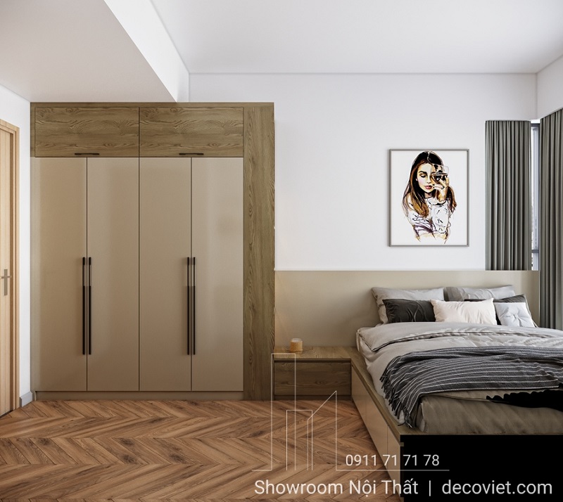 Phòng ngủ master ấm áp với tông màu trung tính, nội thất gỗ hiện đại.