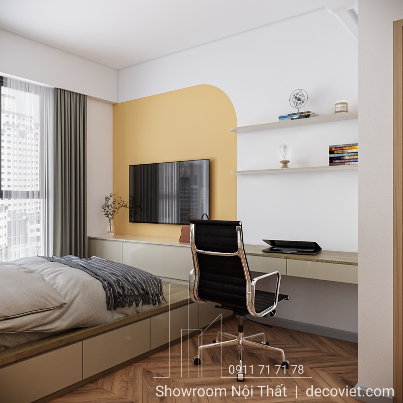 Góc làm việc trong phòng ngủ, bàn học kết hợp kệ trang trí nhấn màu vàng trẻ trung.