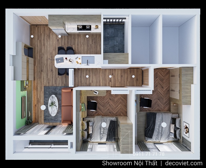 Mặt bằng tổng thể căn hộ Lumiere Boulevard 75m², bố trí 2 phòng ngủ, phòng khách – bếp liên thông thông minh.