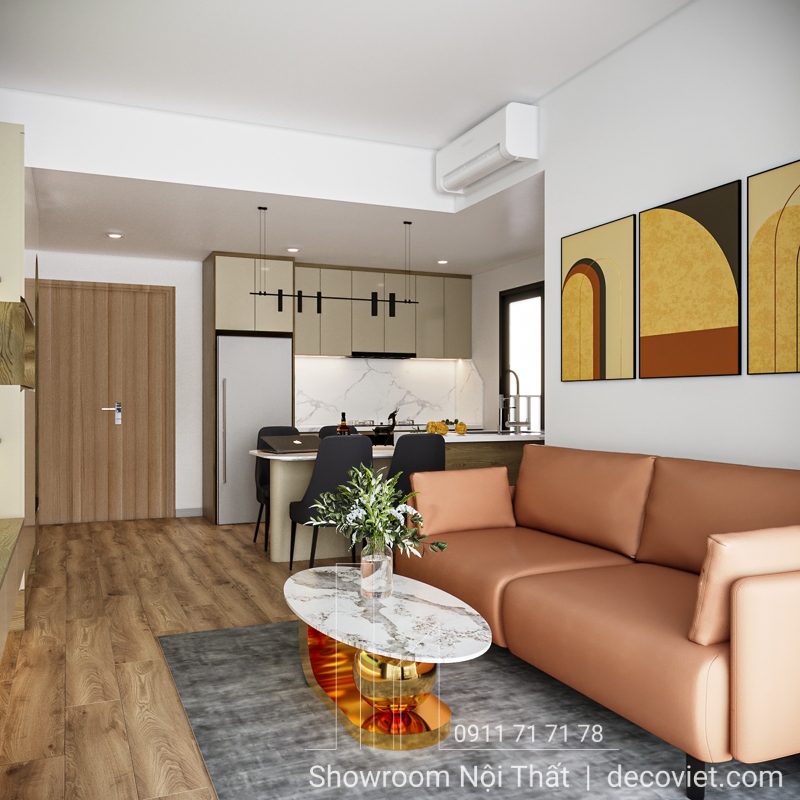 Phòng khách liên thông bếp ăn, thiết kế gọn gàng và tinh tế.