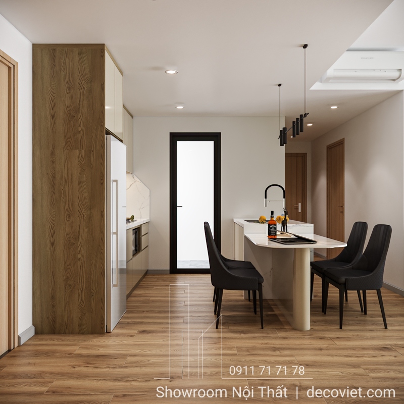 Tủ bếp chữ I kết hợp bàn đảo, tiện nghi cho căn hộ 2 phòng ngủ.