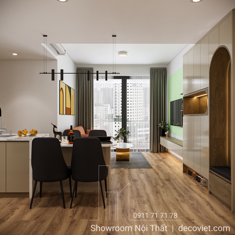 Góc nhìn từ bàn ăn ra phòng khách, không gian sáng thoáng, liền mạch.
