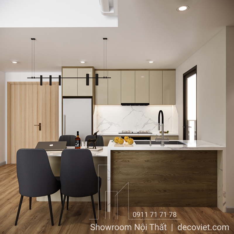 Bàn đảo bếp đá vân mây hiện đại, điểm nhấn sang trọng của căn hộ Lumiere Boulevard.