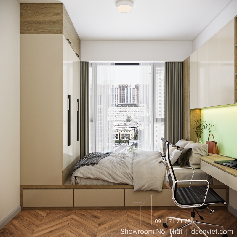 Phòng ngủ master chung cư Lumiere Boulevard, thiết kế hiện đại, tận dụng ánh sáng tự nhiên.