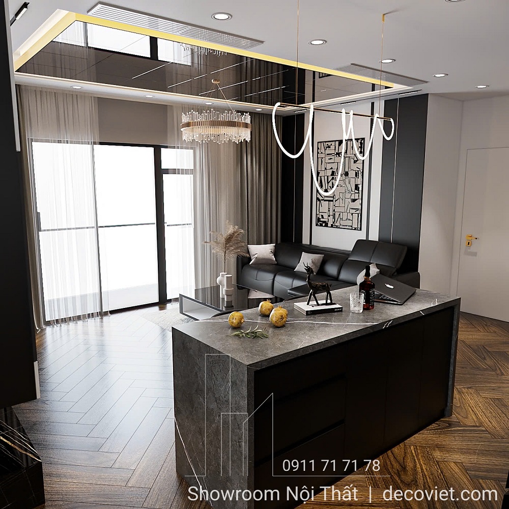 thiết kế không gian mở phòng khách - bếp chung cư phú tài