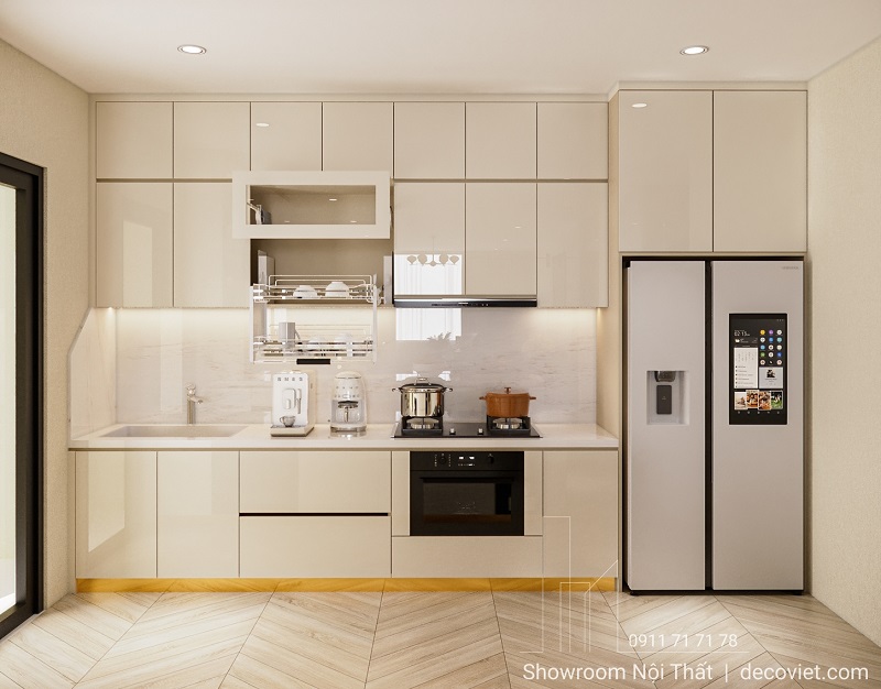 Tủ bếp MDF chống ẩm cao sát trần phong cách tối giản