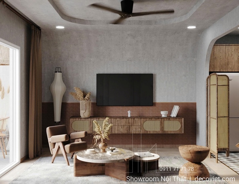 hệ kệ tivi treo tường với cánh tủ đan mây mang lại điểm nhấn vừa cổ điển vừa phá cách