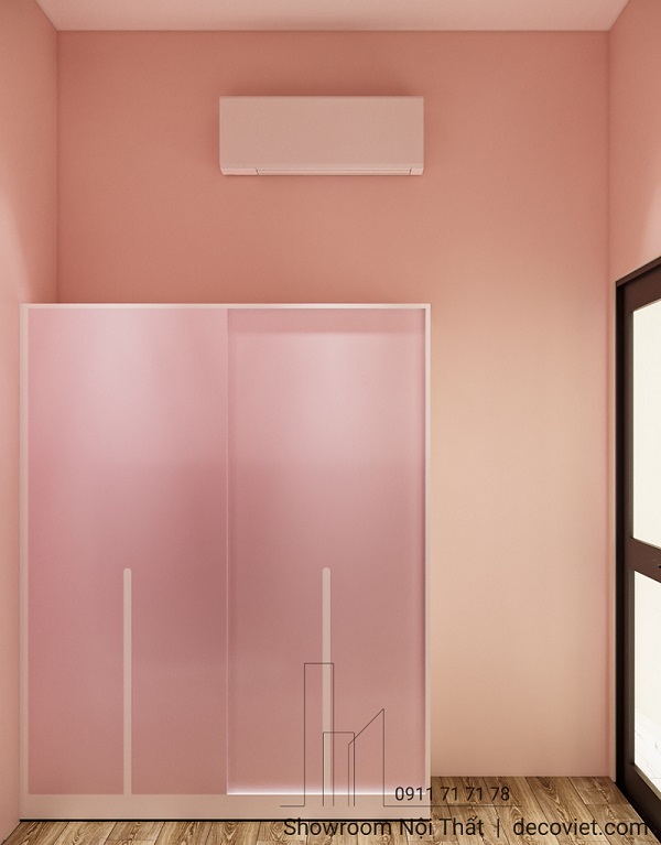 Tủ quần áo cửa lùa màu hồng pastel gọn gàng, đáng yêu.