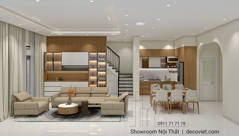 Tổng thể tầng trệt nhà phố 4PN với phòng khách – bếp – bàn ăn liên thông.