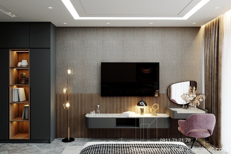 Góc nhìn bàn trang điểm và kệ tivi, thiết kế hiện đại, tiện nghi.