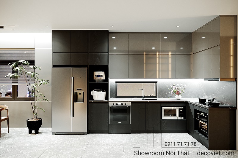 Khu bếp hiện đại với hệ tủ chữ L, tích hợp đầy đủ công năng tiện nghi.